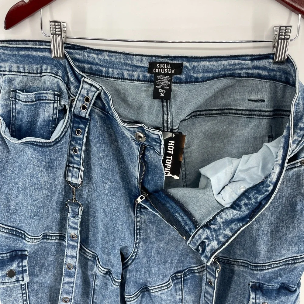 Social Collision Jeans Women Sz 20 Acid Wash Moto Suspender Flare Low‎ Rise 38